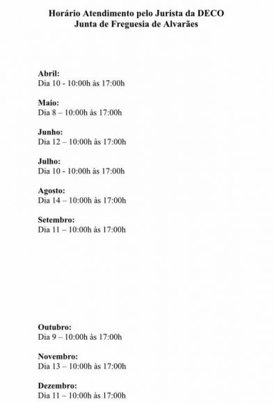 Horário de atendimento do Jurista da DECO na Sede da Junta de Freguesia.